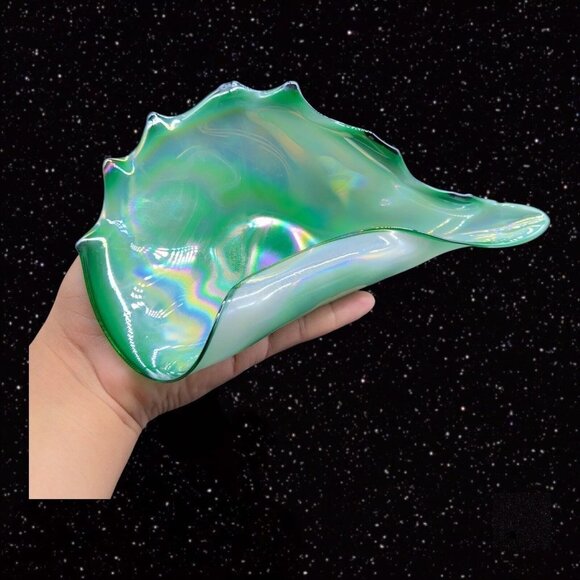 Polish Art Glass Folded Bowl Dish Glass Green Iridescent Poland Vintage 10”W 2”T - Picture 8 of 16